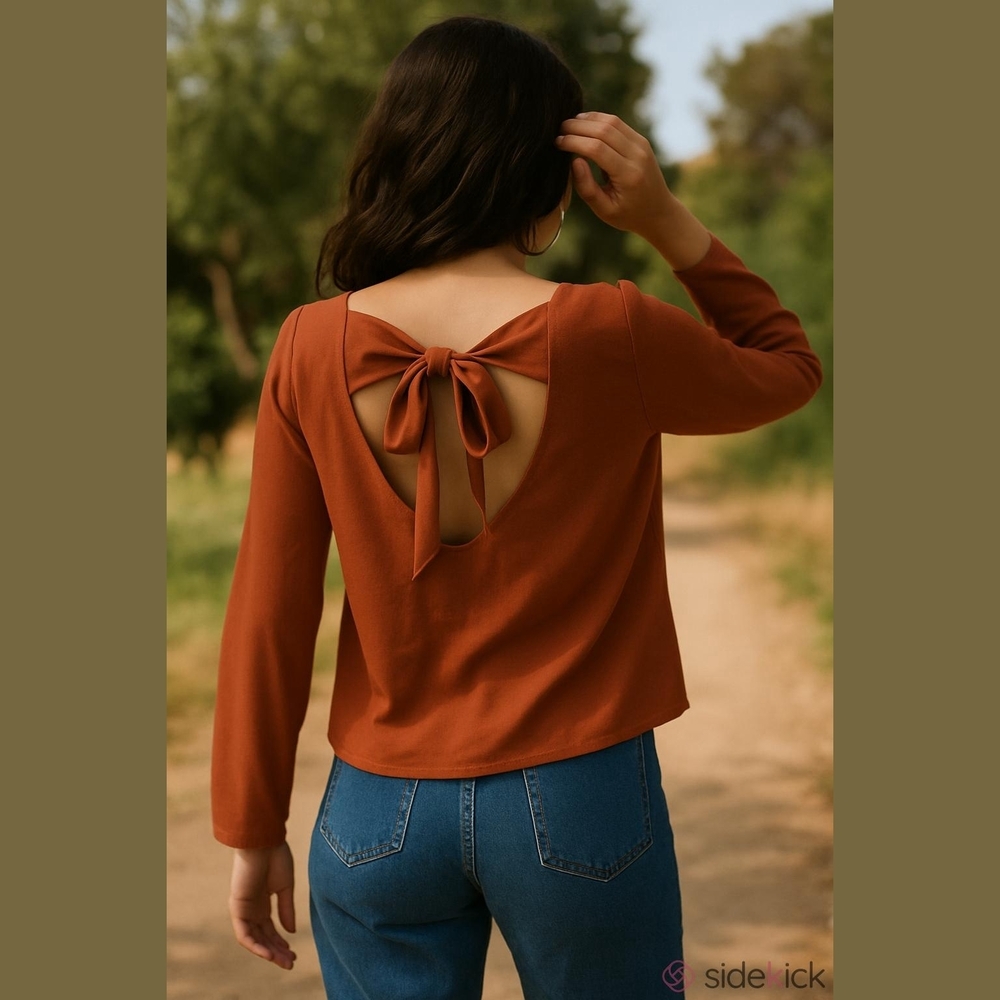 Free People V-Neck Long Sleeve Top with Open Back Tie Detail - Rust, Medium